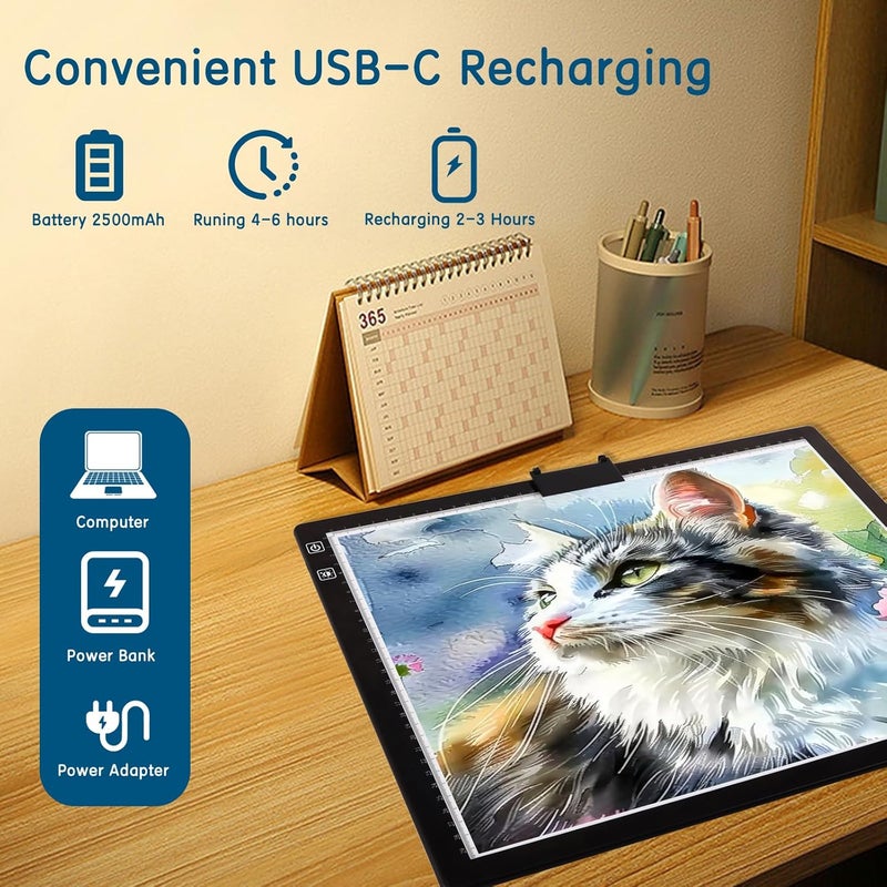 KEIWRLIGHT A3 Light Box For Tracing - Rechargeable Light Board 3 Color Stepless 6 Level Brightness Light Table For Tracing, Adjustable Stand Light Board For Diamond Painting Tatto Drawing Adult W/case - Image 4